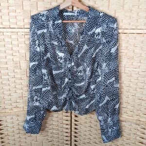 ASTR The Label Sheer Buttom Down Blouse Houdnstooth Textured Print XL